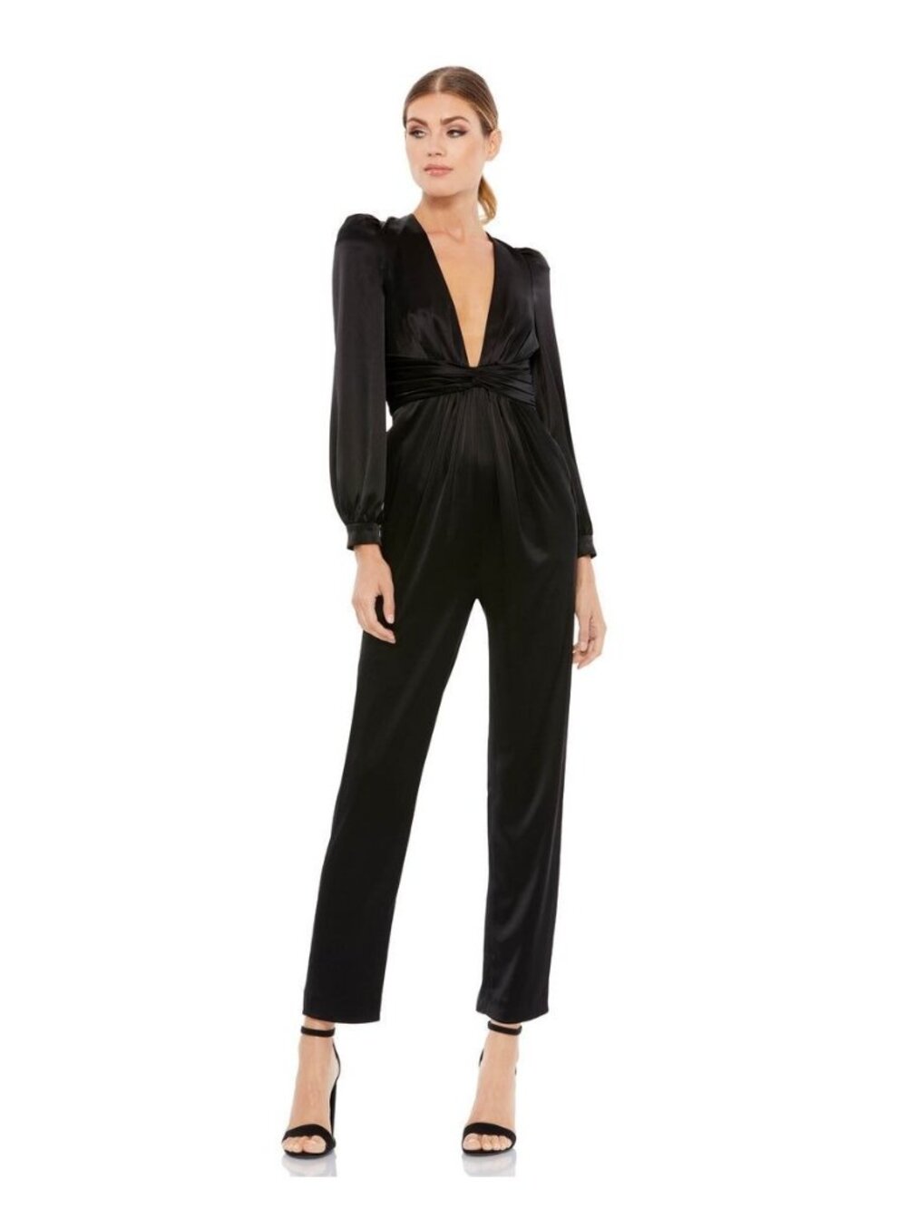 NWT Ieena MacDuggal Satin Black Long-Sleeve Wrap Jumpsuit 0 China